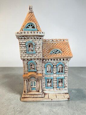 Handcrafted Ceramic Victorian House Christmas Village Beige & Blue Accents Vinta